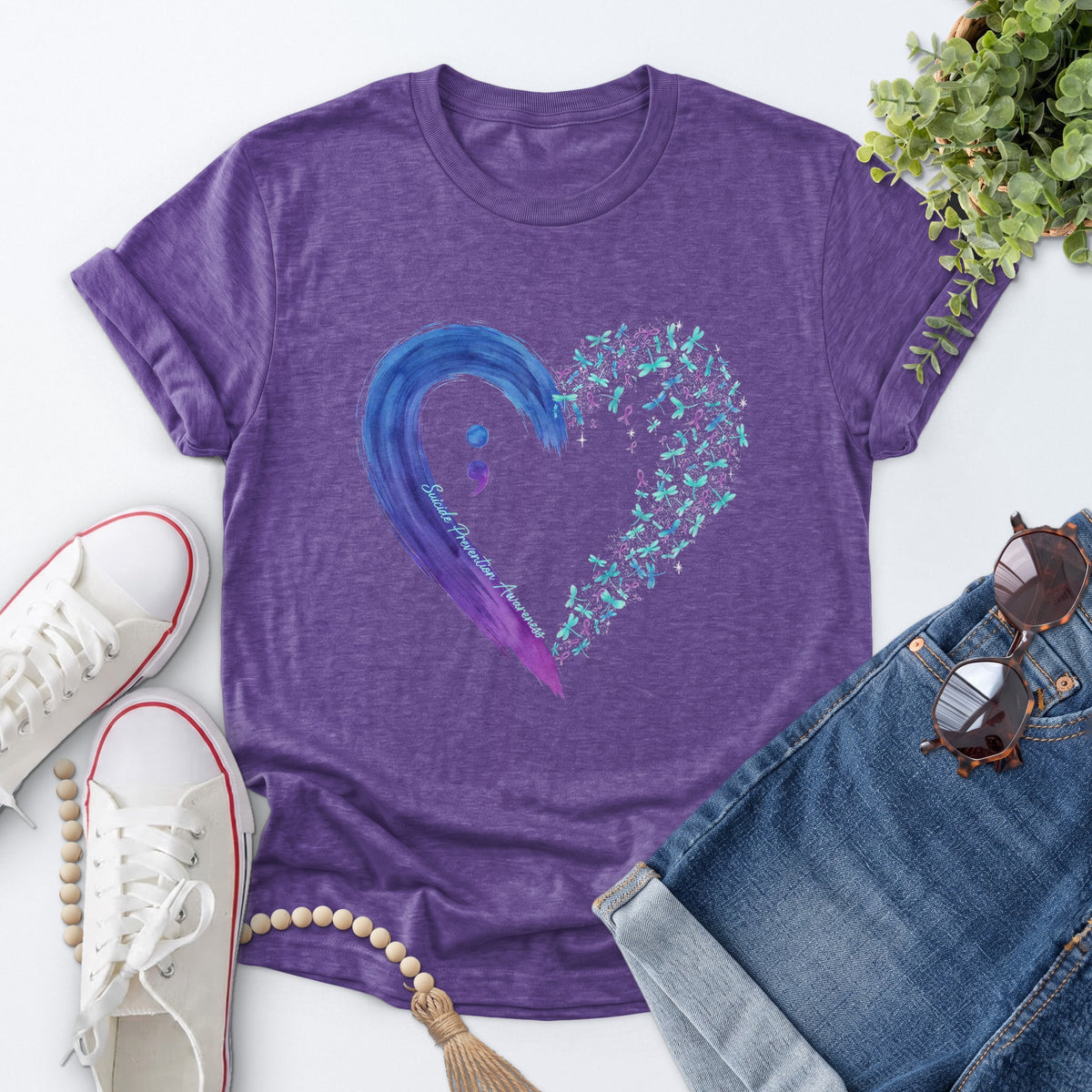 Semicolon Floral Heart Tee — Heather Purple