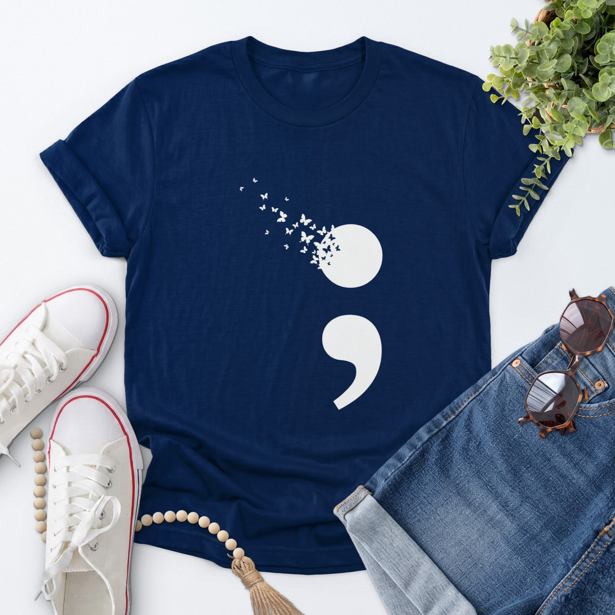 Butterfly Semicolon Tee — Navy