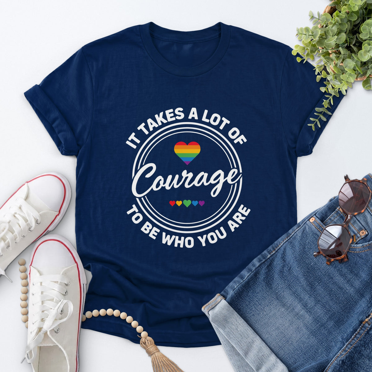 Courage Rainbow Heart Tee — Navy