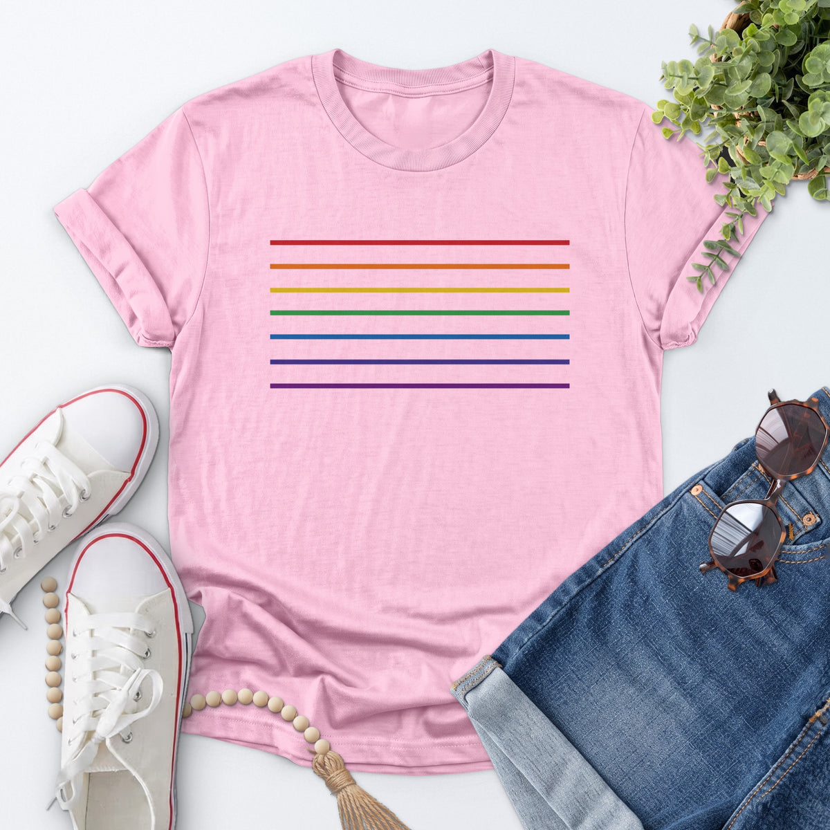 Rainbow Line Pride Tee — Light Pink