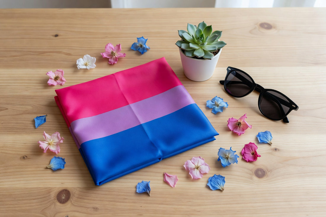 Bisexual pride flag flat lay with pink lavender and blue stripes on wood table