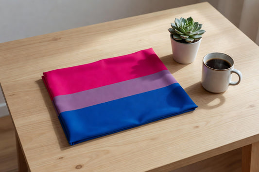 Bisexual pride flag folded on wood table with succulent and coffee
