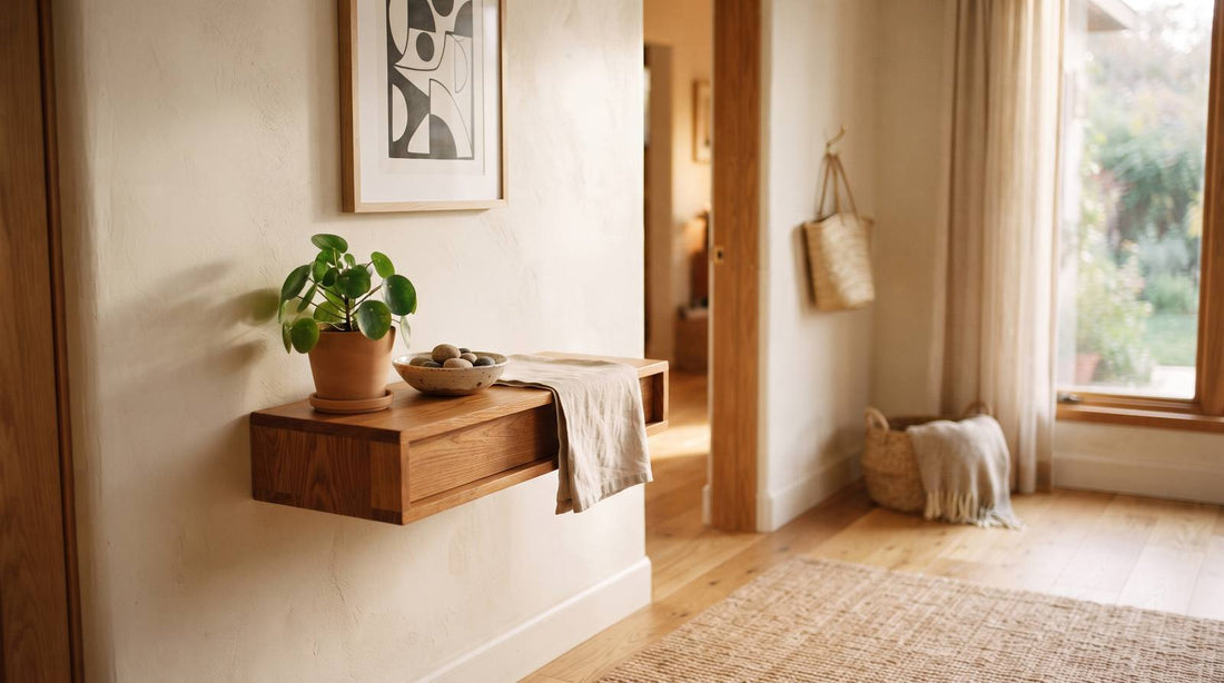 Warm home entryway with a wooden shelf, plant, ceramic bowl, and abstract black and white wall art