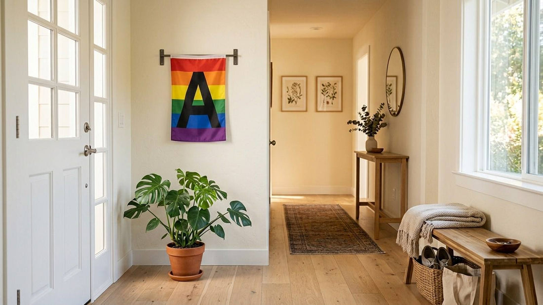 Ally flag displayed in a bright home entryway beside a green plant