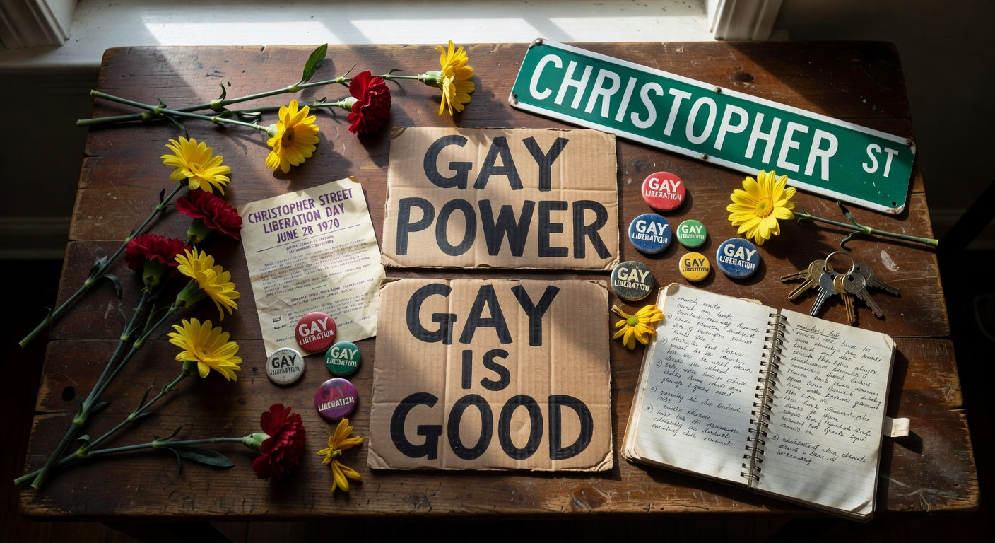 Vintage flat lay of GAY POWER and GAY IS GOOD handlettered cardboard signs with Christopher Street NYC street sign, Christopher Street Liberation Day June 28 1970 mimeograph flyer, GAY LIBERATION pin buttons, daisies, and carnations on weathered wood