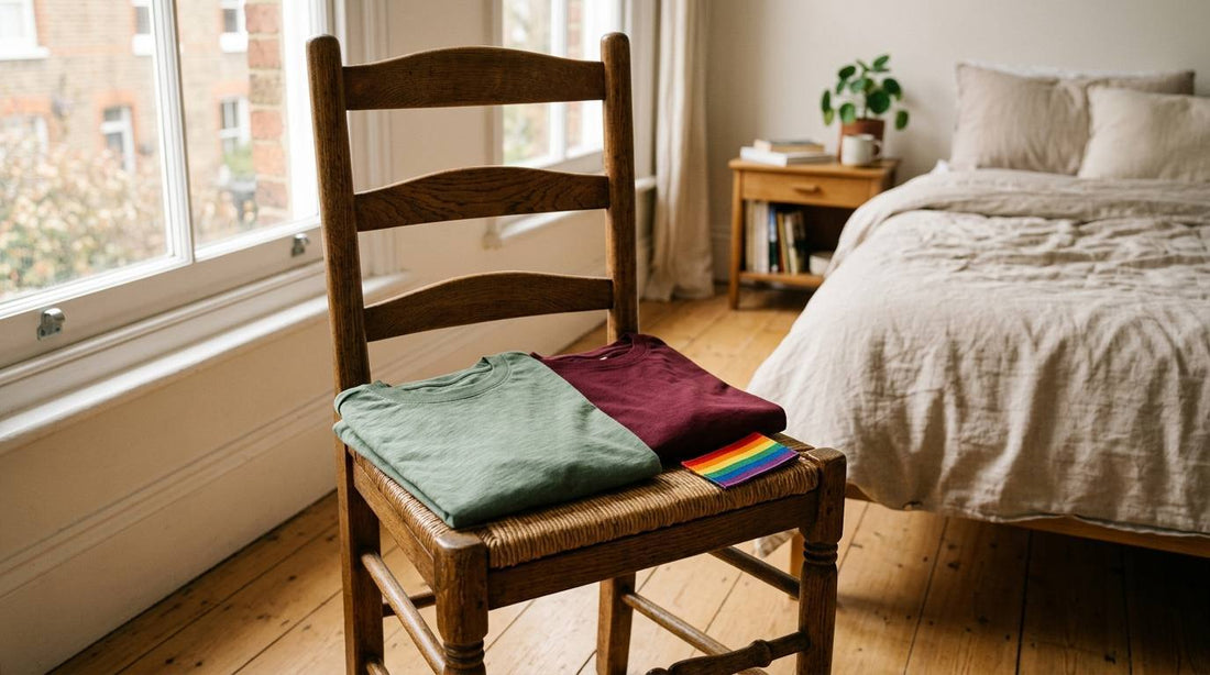 Folded sage and maroon shirts with a small rainbow fabric accent on a wooden chair in a sunlit bedroom