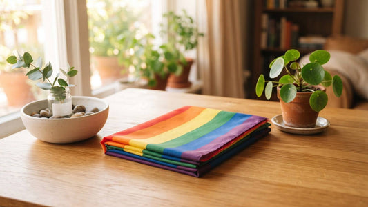Folded rainbow Pride flag on a wooden table beside houseplants in warm window light