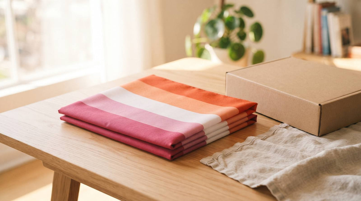 Folded lesbian Pride flag beside a plain shipping box on a sunlit wooden table