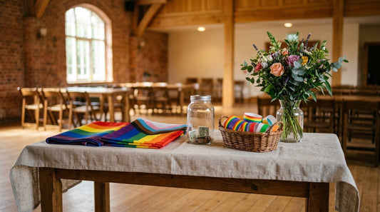 Empty community fundraiser table with folded Pride flags, flowers, a donation jar, and rainbow wristbands