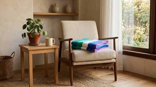 Teal green white blue and purple Pride blanket folded on an empty reading chair beside a plant and window