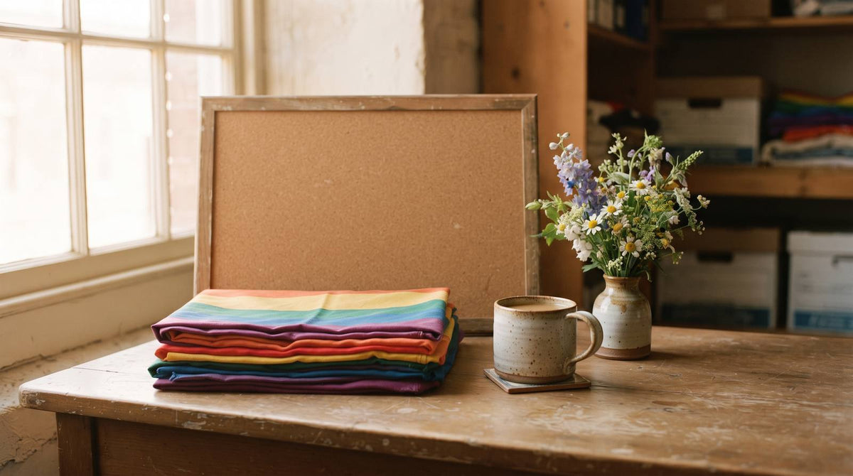 Folded rainbow fabric on a wooden table beside a blank pin board, flowers, and a ceramic mug