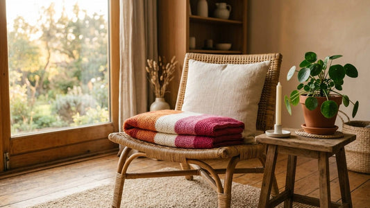 Woven chair with folded sunset-color blanket beside a plant in warm window light