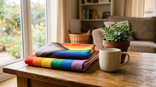 Folded Progress Pride and rainbow fabric on a wood table beside a mug and plant