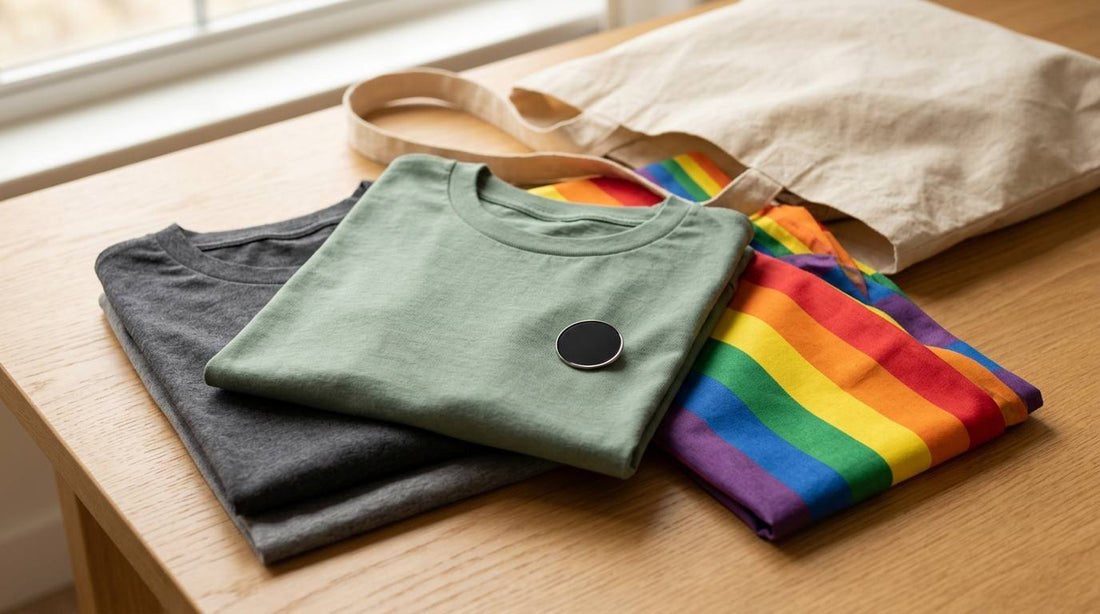 Folded charcoal and sage t-shirts with rainbow fabric and a canvas tote on a wood table