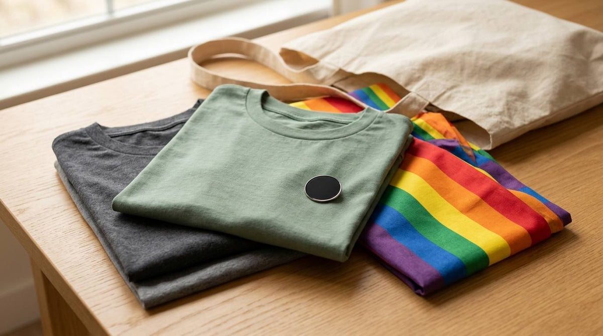 Folded charcoal and sage t-shirts with rainbow fabric and a canvas tote on a wood table