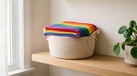 Folded rainbow Pride blanket in a woven storage basket on a light wood shelf