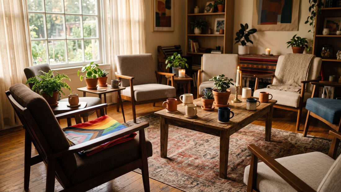 Empty living room book club circle with a folded Progress Pride flag, mugs, plants, and warm window light
