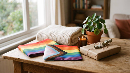 Folded rainbow and Progress Pride flags, blanket, plant, candle, and wrapped gift on a wood table