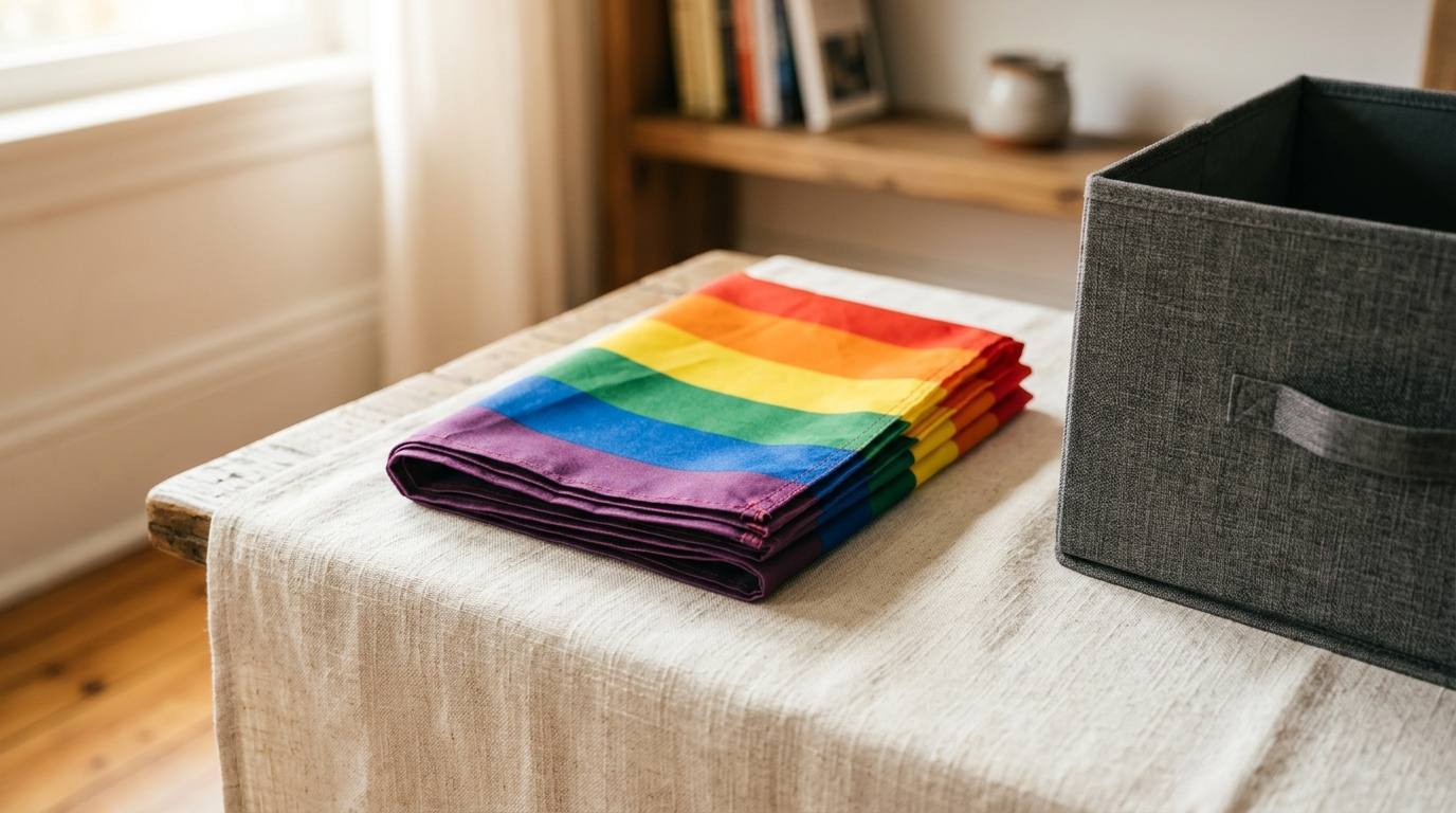 Folded rainbow Pride flag on linen beside an unmarked storage bin