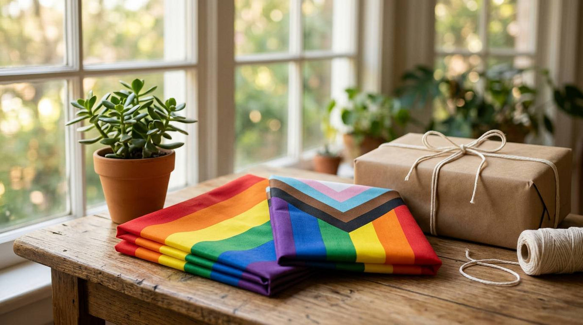 Folded rainbow and Progress Pride flags beside a wrapped gift on a wooden table