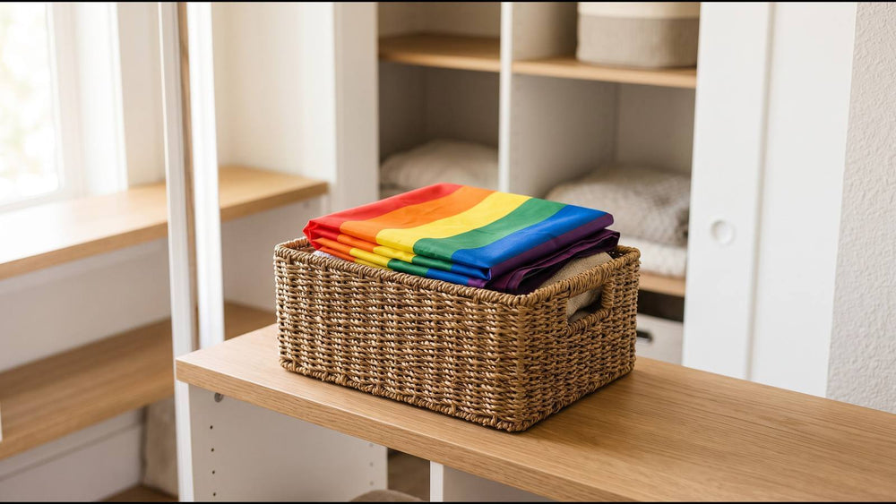 Folded six-color Pride flag on a woven basket in a bright home storage space