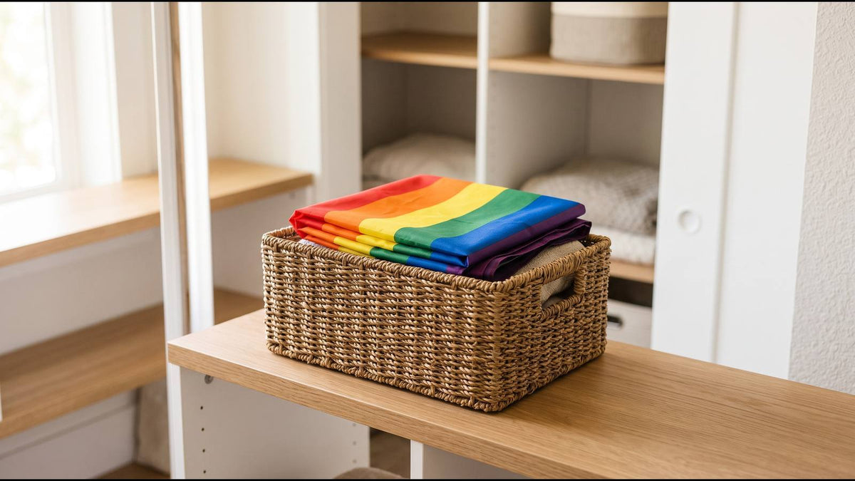 Folded six-color Pride flag on a woven basket in a bright home storage space