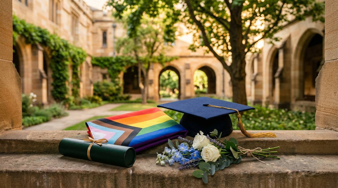 Folded Progress Pride flag, graduation cap, diploma tube, and flowers in a sunlit campus courtyard