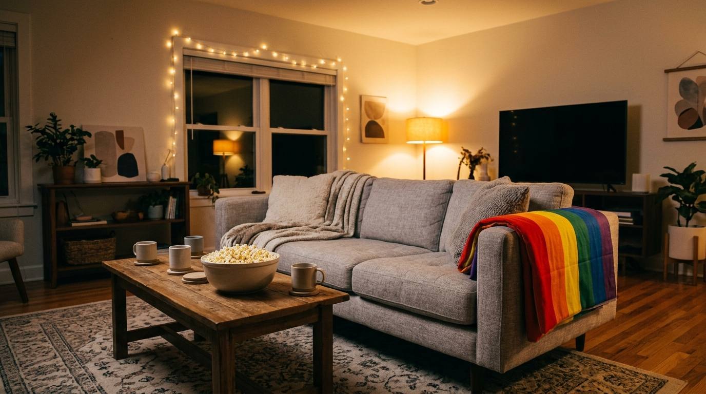 Cozy empty living room with rainbow fabric, popcorn, and warm lamps set for a movie night