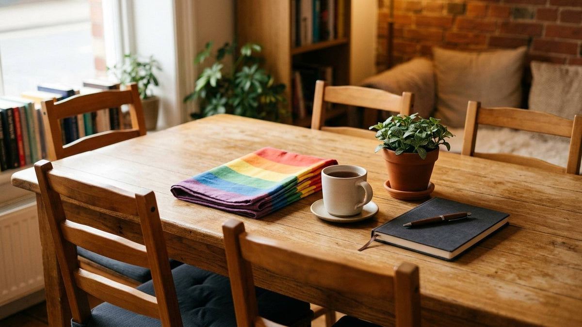 Empty book club table with folded rainbow fabric, a mug, a plant, and a blank notebook