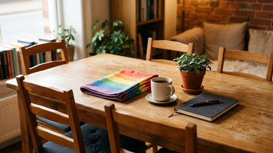Empty book club table with folded rainbow fabric, a mug, a plant, and a blank notebook