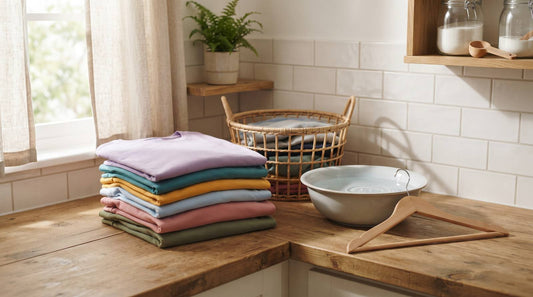Folded colorful cotton t-shirts beside a laundry basket and water basin in a bright laundry nook
