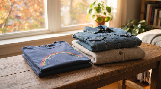 Folded rainbow detail t-shirt, denim jacket, and knit layers on a wood table by a sunny window