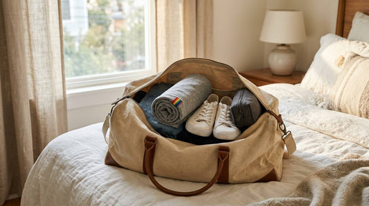 Open canvas weekender bag with a rolled gray tee, rainbow fabric accent, sneakers, and plain pouch on a sunlit bed