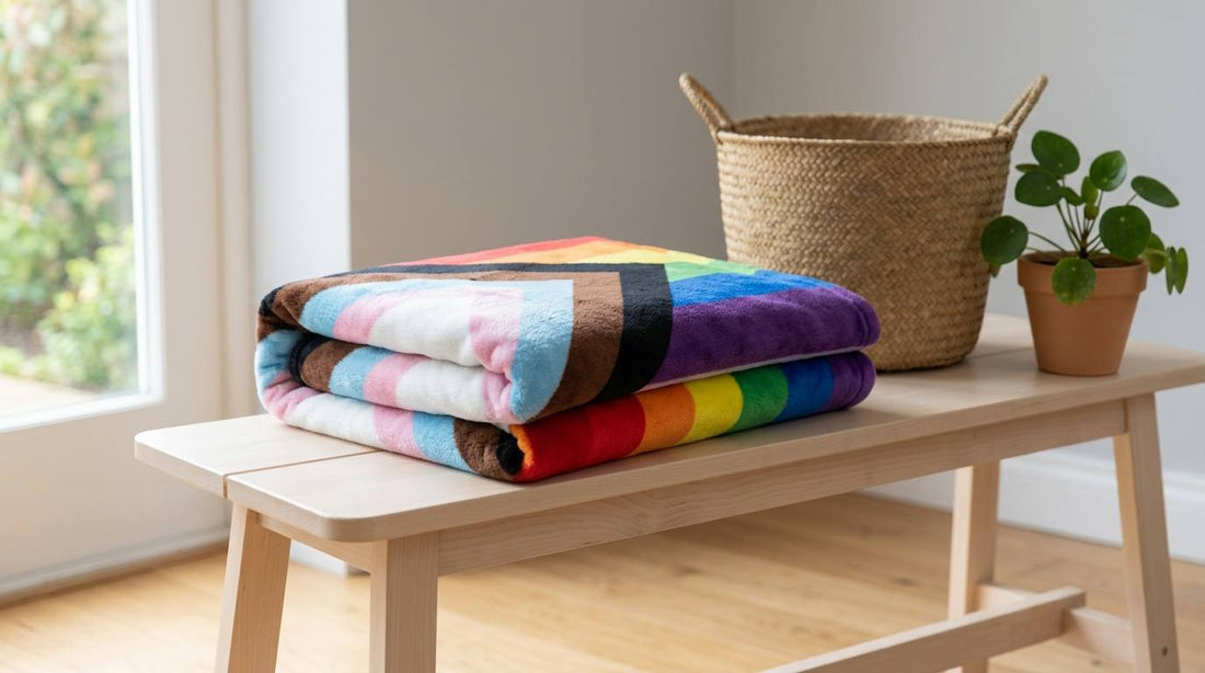 Folded Progress Pride inspired plush blanket on a pale wood bench beside a basket and houseplant