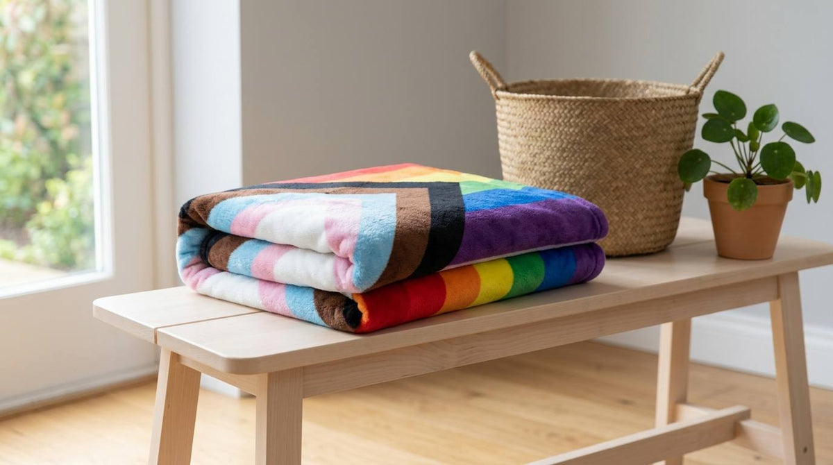 Folded Progress Pride inspired plush blanket on a pale wood bench beside a basket and houseplant