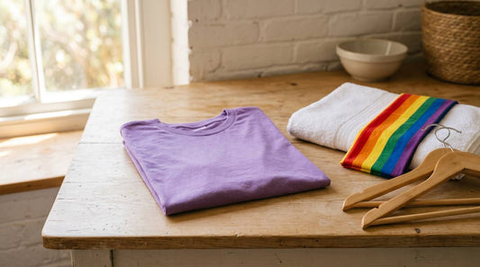 Folded purple cotton t-shirt beside rainbow fabric and wooden hangers on a sunlit laundry table