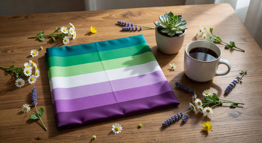 Gay pride flag folded on oak table with wildflowers, coffee, and succulent