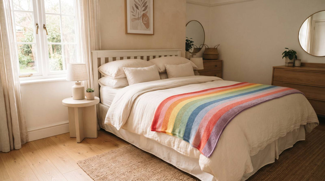 Bright guest bedroom with white bedding and a rainbow blanket spread across the foot of the bed