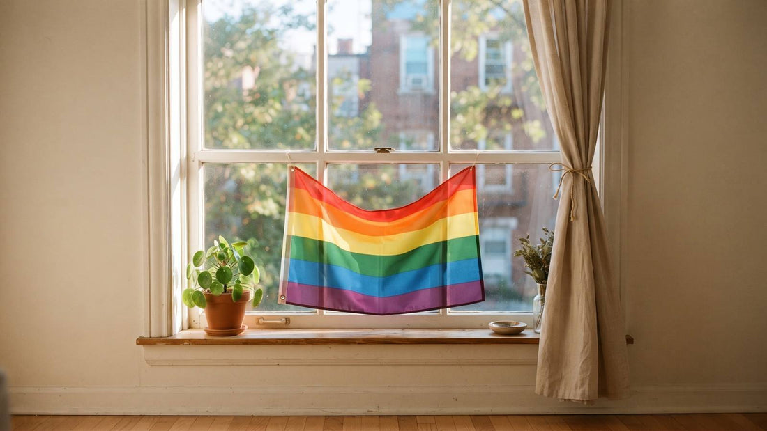 A six-color rainbow Pride flag hanging in a bright apartment window with a plant and curtains