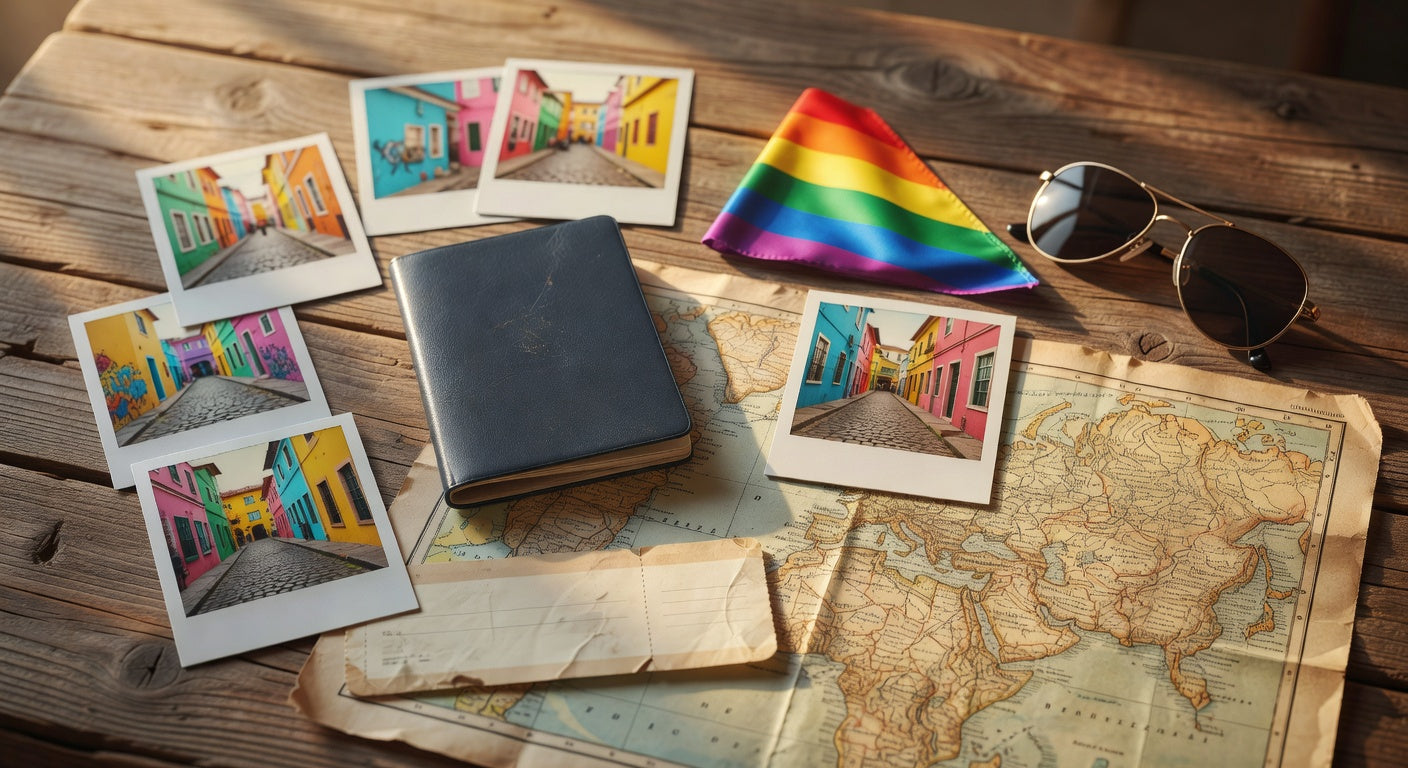 Flat lay travel planning scene with passport, polaroid photos, rainbow pride flag, sunglasses, and vintage map on wooden table
