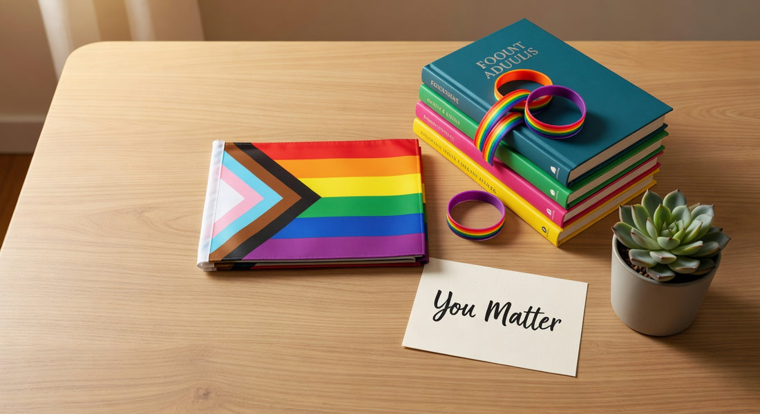 Flat lay of a progress pride flag, colorful books, rainbow wristbands, a You Matter card, and a small succulent on a wooden table