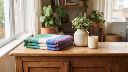 Folded green blue and violet Pride-color blanket beside a plant and candle in a sunlit home