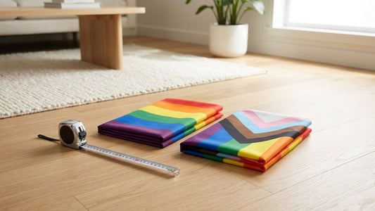 Folded rainbow and Progress Pride flags beside a measuring tape on a sunlit home floor