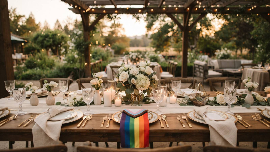 Wedding reception table with white flowers, candles, and a folded Progress Pride flag accent