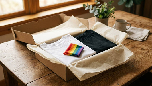 Folded white and black t-shirts in an open gift box with rainbow fabric accent on a wooden table