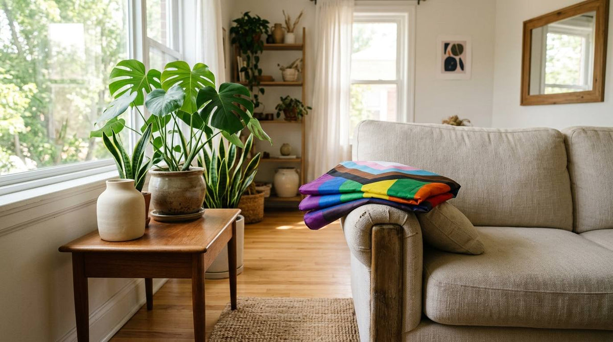 Folded Progress Pride flag on the arm of a neutral sofa in a sunlit apartment living room