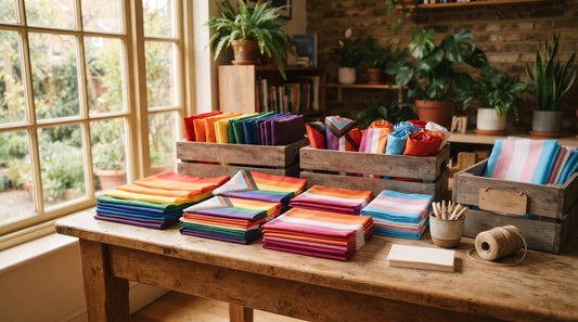 Folded Pride flags arranged on a wooden community table by a sunny window