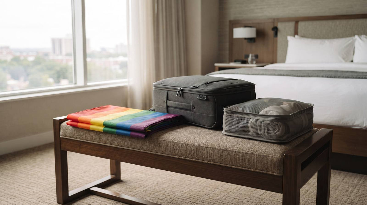 Folded rainbow Pride flag beside a suitcase and packing cube on a hotel room bench