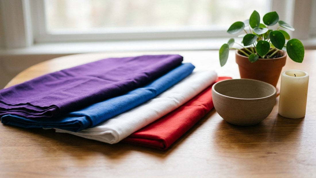 Folded purple, blue, white, and red fabric beside a plant, bowl, and candle on a wooden table