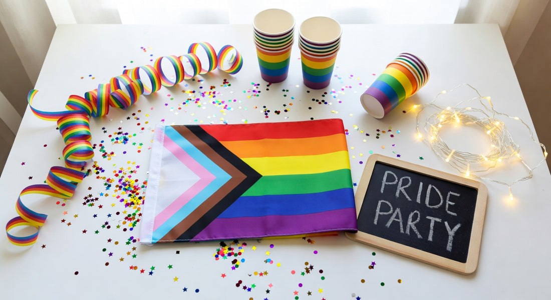 Flat lay of pride party planning supplies with rainbow confetti and progress pride flag
